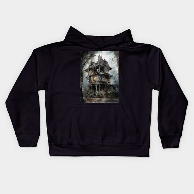 Gothic Futurism House in the Old Ancient Woods Kids Hoodie by podartist